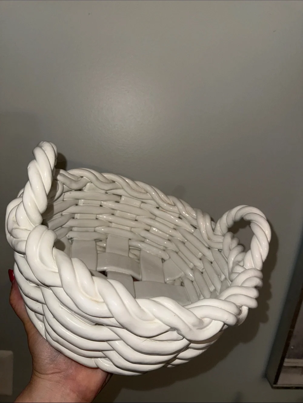 White Ceramic Woven Basket / Bread Decorative Bowl Stamped Made in Italy